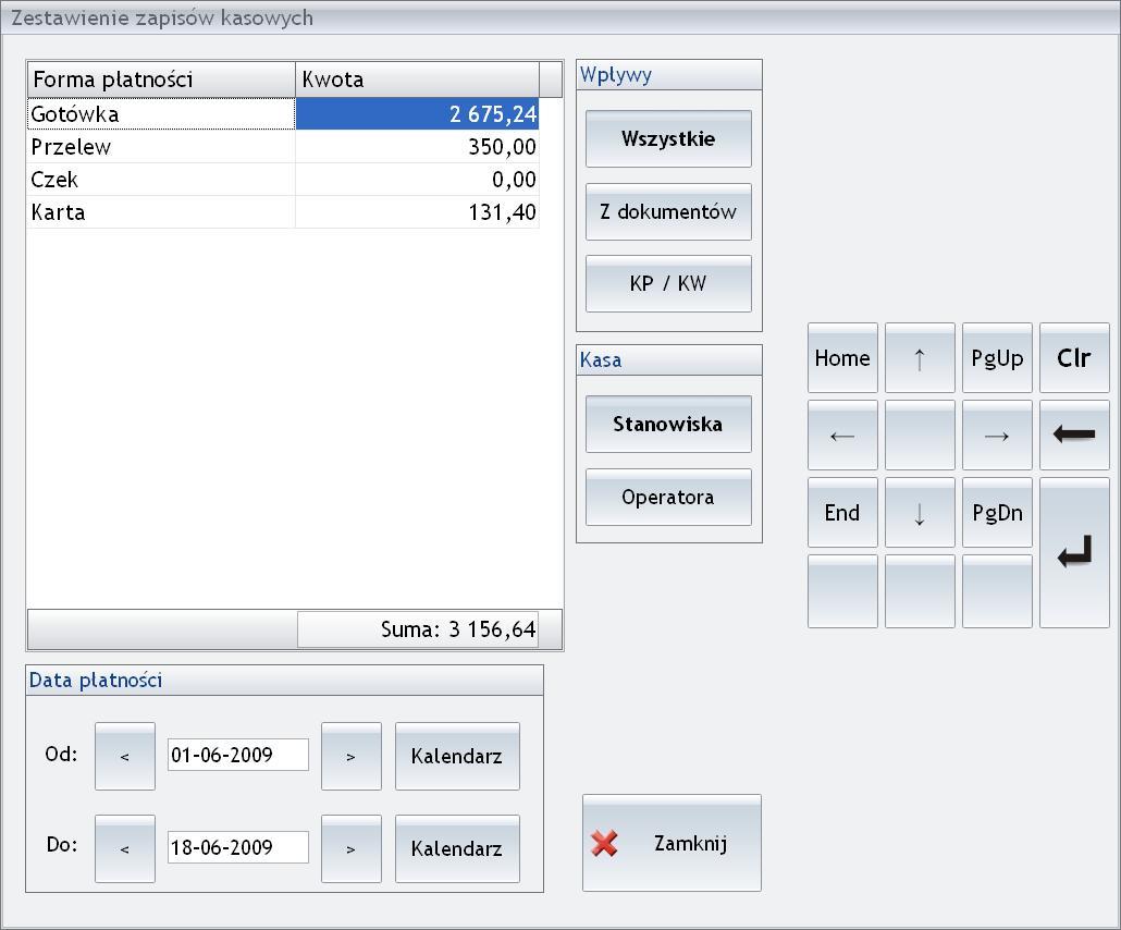 Kwota zsumowana kwota pochodząca z zapisów kasowych w odniesieniu do danej formy płatności (w polu Suma widoczna jest łączna wartość dla wszystkich form płatności).