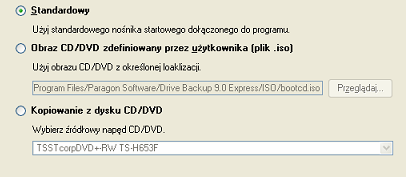 Urządzenie zapisujące. Wymagany jest nośnik zewnętrzny (płyta CD/DVD, karta flash lub dyskietka). Zapis na płycie CD/DVD można zastąpić utworzeniem obrazu ISO wybierając Emulator.