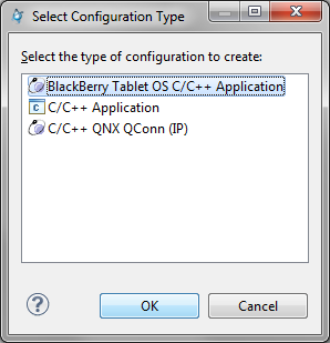W okienku, które się pojawi wybieramy BlackBerry Tablet OS C/C++ Appllication i klikamy OK Następnie naszym oczom ukaże się
