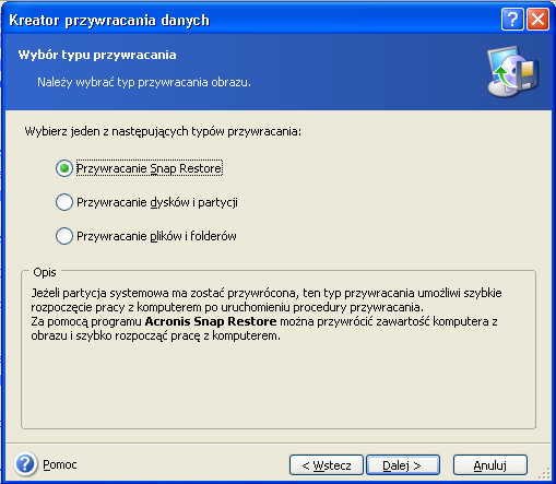 W przypadku przywracania zawartości obrazu przyrostowego program wymaga obecności przynajmniej jednego obrazu dodatkowego, a najlepiej wszystkich uprzednio utworzonych obrazów przyrostowych oraz