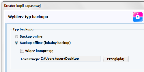 Backup lokalny Kolejne okno pozwala na zdefiniowanie, czy backup ma być wykonany online (przez Internet), czy lokalnie.