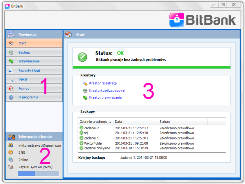 6. Interfejs aplikacji Główny interfejs aplikacji BitBank, pokazany na obrazku z prawej, składa się z trzech części: 1. Panel Nawigacyjny 2. Informacje o koncie 3. Panel Główny (np.