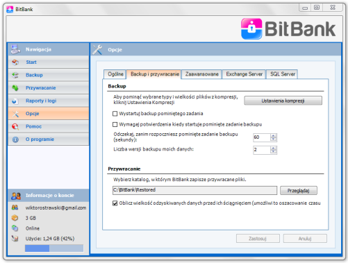 11. Opcje Możliwa jest zmiana ustawień program i procesów w zakładce Opcje, na Panelu Nawigacyjnym. Okno opcji zawiera następujące zakładki: Ogólne Backup i przywracanie Zaawansowane 11.1. Ogólne W zakładce Ogólne, można ustawić ogólne opcje aplikacji BitBank.