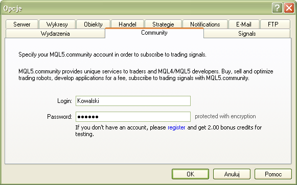 Aby zacząć korzystać z usługi Signal Trading wystarczy: 1. Zarejestrować bezpłatne konto w MQL5.community 2. Połączyć swoją platformę BReTRADER z kontem w MQL5.community 1.1 Otwarcie konta w MQL5.