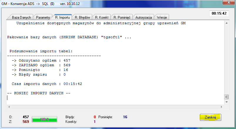 Komunikat po zakooczeniu importowania danych ADS. Ekran po zakooczeniu importu. Jeśli podczas importowania danych nie pojawiły się błędy (zakładka R.