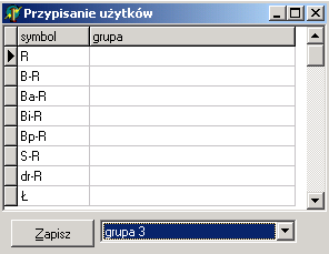 S t r o n a 58 Rysunek 83. Formularz przypisania użytków do grupy. W górnej jego części jest lista występujących w bazie użytków, wraz z opisem grupy do której dany użytek jest przypisany.