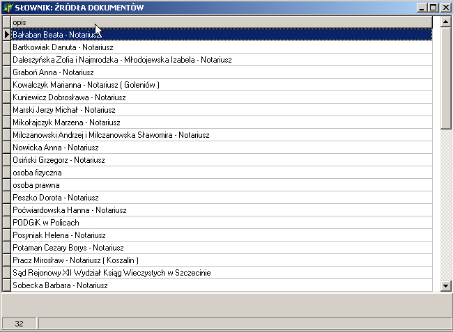 S t r o n a 8 Rysunek 3.Słownik Źródła Dokumentów. Okno słownika źródeł dokumentów zawiera listę pozycji z bazy danych, linię stanu zawierającą ilość pozycji w danym słowniku.