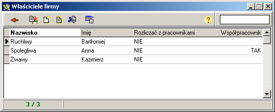 Właściciele firmy Dla celów rozliczeń, głównie z ZUS, program prowadzi listę właścicieli firmy oraz współpracowników.