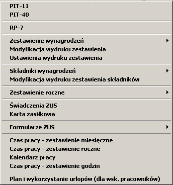 Przycisk pracownika: pozwala wyświetlić menu zestawień dotyczących wskazanego Mamy tu do dyspozycji: Deklaracje podatkowe PIT-11, PIT-8B, PIT-40; Zestawienie wynagrodzeń wypłaconych pracownikowi w