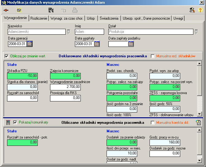 Zakładka Wynagrodzenie pozwala skontrolować wszystkie wartości, na podstawie których jest obliczane wynagrodzenie, a dla składników deklarowanych - podać ich aktualną wartość.