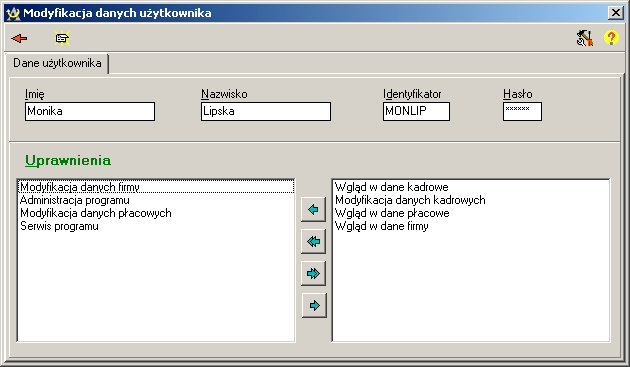 Przydziel uprawnienie Przenosi wskazaną pozycję na listę po lewej stronie (oznacza to nadanie konkretnego uprawnienia).