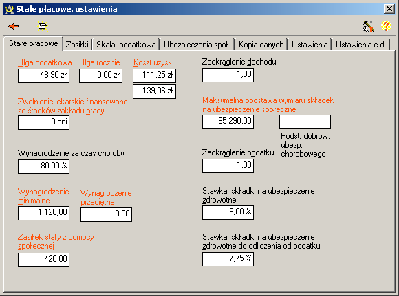 Stałe płacowe, ustawienia Przy pomocy okna Stałe płacowe, ustawienia ustalamy waŝniejsze parametry uŝywane w programie, wynikające z aktualnych przepisów.