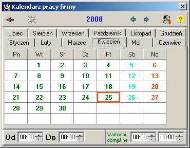 W najprostszym przypadku definiujemy wspólny kalendarz pracy dla całej firmy. W razie potrzeby moŝemy zmodyfikować go na poziomie działu (Firma - Struktura firmy - Modyfikacja danych działu).