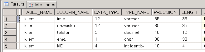 Podgląd struktury tabel SELECT * FROM student.information_schema.
