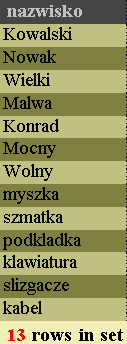 Złączenie wyników - operator UNION SELECT nazwisko FROM klienci UNION SELECT nazwa FROM produkty; Operator