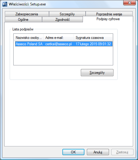 Rysunek 166. Weryfikacja podpisu zakładka Podpisy cyfrowe 4. Zaznacz podpis Asseco Poland SA na liście podpisów i kliknij przycisk Szczegóły. 5.