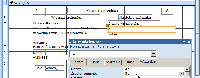 Kontrolki raportu są tak ustawione, że tworzą oryginał przelewu (odcinek A) i jego kopię. Oba odcinki oddzielone są przerywaną linią.