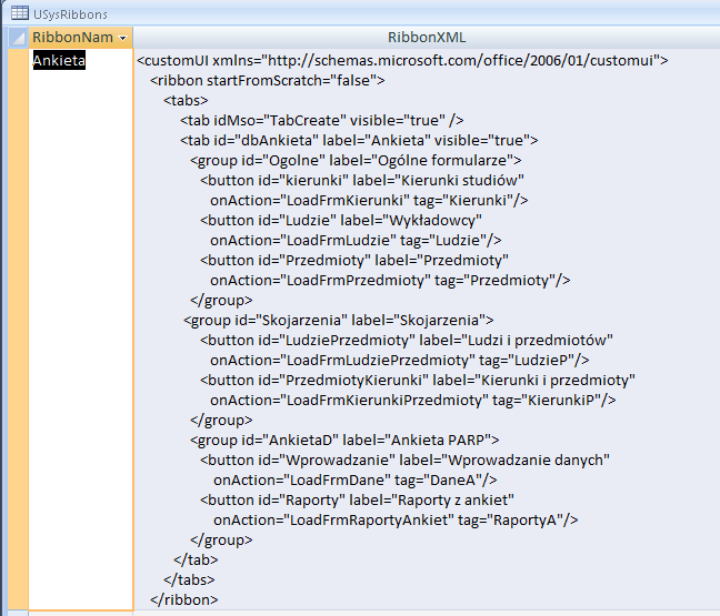 Zarządzanie wstążką Programowa modyfikacja wstążki (Ribbon) w MS Office 2007 nie jest łatwa i wymaga znajomości zarówno VBA jak i języka XML. W nzej bazie danych AnietaSQL.