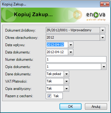 Rys. 109 Formularz parametrów kopiowania dokumentów Należy uzupełnić pola: Data wpływu, data dokumentu, Numer, Opis, Dane dokumentu, Płatności, Opis analityczny, Dekrety (Tak zostanie przeniesiony