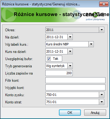 Rys. 113 Generowanie różnic kursowych statystycznych Po uzupełnieniu wszystkich niezbędnych pól.