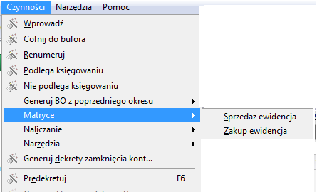 Rys. 118 Wywoływanie matrycy poprzez czynności z listy Wszystkie dane wpisane w matrycy zostaną uzupełnione w dokumencie automatycznie.