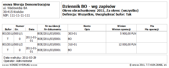 Zapisy BO lista dekretów BO w rozbiciu na zapisy. Rys. 175 Dziennik BO wg zapisów.