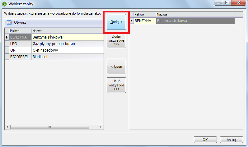 Rys. 303 Dodaj paliwo W okienku po lewej stronie widoczne są wszystkie typy paliwa powiązane z wcześniej wybranym rodzajem silnika, przyciskiem Dodaj przenosimy tylko te rodzaje paliwa, które
