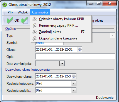 Rys. 316 Czynności dla okresu obrachunkowego Odśwież obroty kolumn KPIR czynność pozwala odświeżyć zapisy w KPIR.