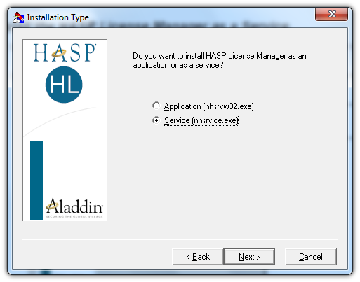 19 Opcja: Application (nhsrvw32.exe) nie b ędzie realizowana przez Managera HASP. Rys. Okno "Installation Type" po dokonaniu ustawień. 3. Kontynuuj instalację.