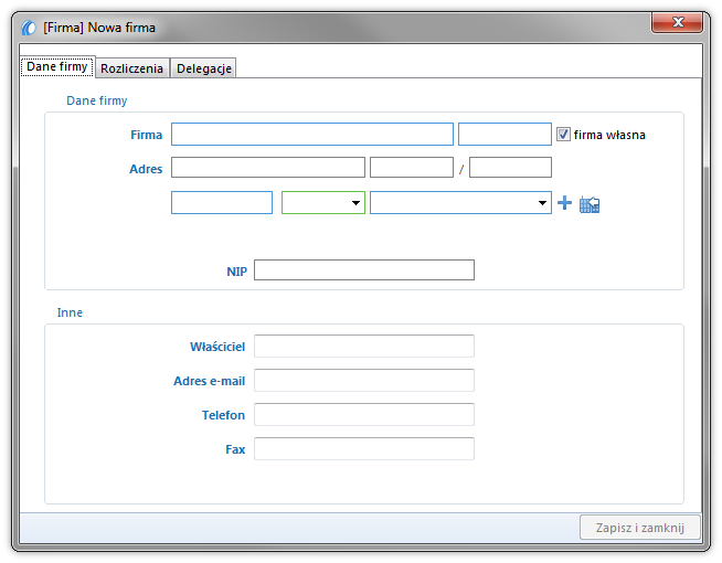 33 Pierwsze uruchomienie Rys. Okno dodawania nowej firmy. Po zapisaniu uruchomi się właściwe okno programu.