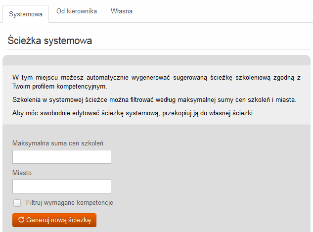 Po kliknięciu przycisku Generuj nową ścieżkę, system uruchamia algorytmy wyszukiwania pasujących do luki kompetencyjnej szkoleń.