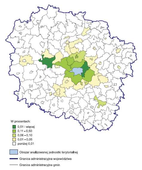 Ryc. 30. Liczba osób wyjeżdżających do pracy z Torunia wg gmin.