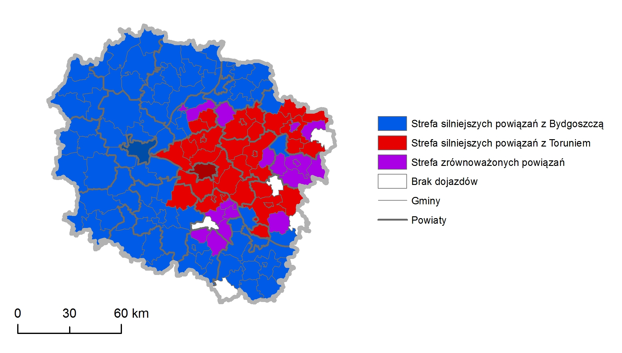 Rycina wyraźnie ilustruje, że strefa oddziaływania Bydgoszczy jest większa i obejmuje swoim zasięgiem mniej więcej obszar dawnego województwa bydgoskiego oraz południową część województwa