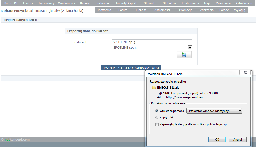 Zgromadzone w MEGACENNIKU dane można wyeksportować w formacie BMEcat