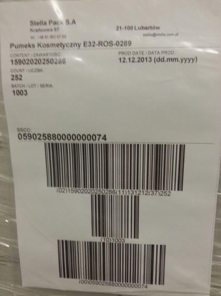 Przykłady etykiet (1) Etykieta zawiera: SSCC z IZ 00 GTIN zawartości z IZ 02