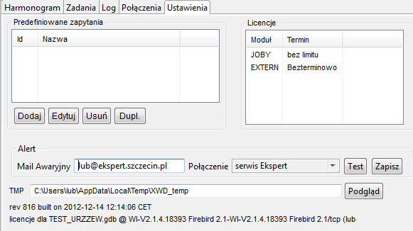 Ustawienia Edycja predefiniowanych zapytań SQL używane w zadaniach SELECT2CSV. Podgląd posiadanych licencji na poszczególne moduły programu.