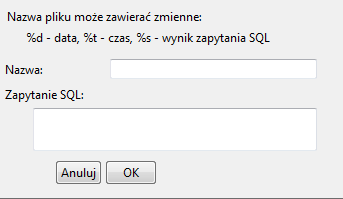 Obecnie obsługiwane są następujące typy zadań: SELECT2CSV Wykonywanie zapytania w bazie i zapisanie wyniku do pliku CSV.