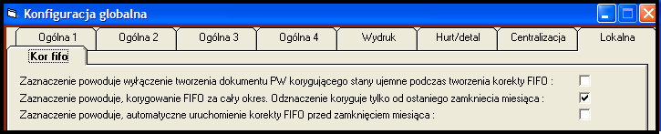 Przy pierwszym wykonaniu korekty FIFO w konfiguracji programu naleŝy zaznaczyć opcję zaznaczenie powoduje korygowanie FIFO za cały okres. Odznaczenie koryguje tylko od ostatniego zamknięcia miesiąca.