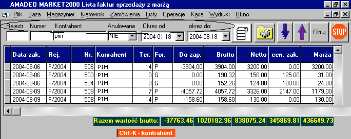 Kryterium określamy sobie sami uzupełniając wybrane pola oraz wciskając FILTRUJ. Rys 21 PoniŜej mamy przykład wybrania faktur dla kontrahenta PIM w okresie od 2004-01-18 do 2004-08-18.