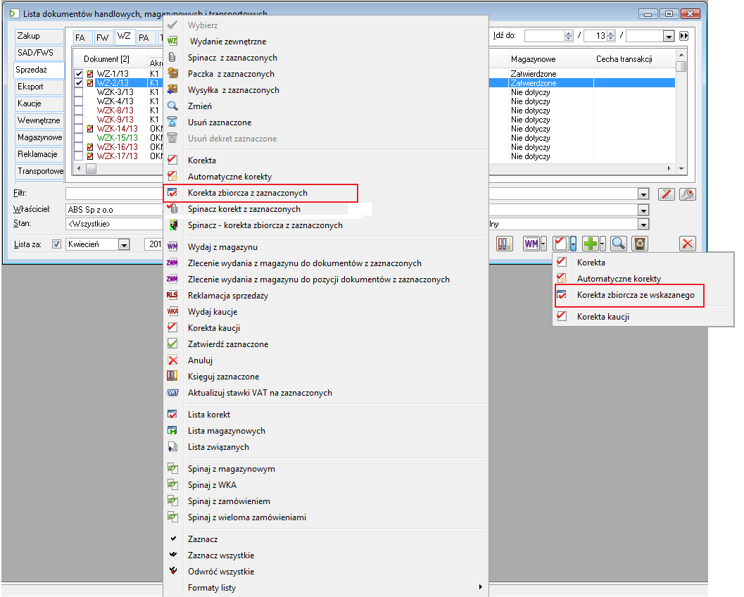 Rysunek 4 Opcje tworzenia korekty zbiorczej na przykładzie listy WZ 1.2.3.