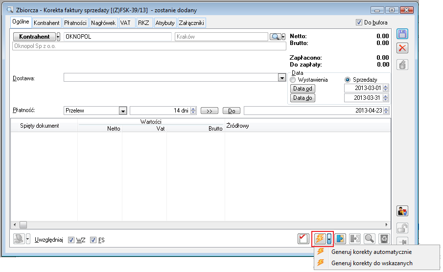 Rysunek 5 Operacja automatycznego generowania korekt dla transakcji FS/WZ z marca 2013 r.