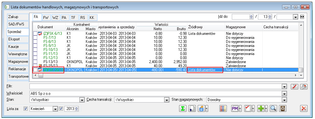 1.5.2. Spinacz korekt zbiorcza z listy dokumentów Za pomocą ww. opcji Użytkownik może przypiąć wskazane dokumenty WZK/WKE/PZK do korekty zbiorczej.