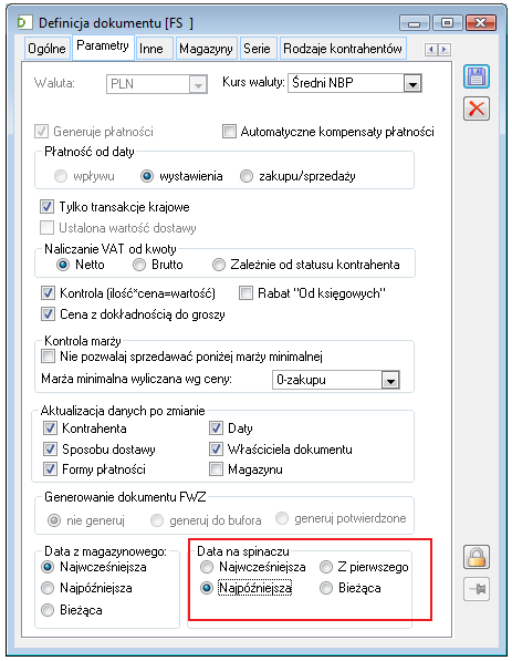 Rysunek 10 Konfiguracja sposobu ustalania daty na spinaczu (S)FS, (S)FSK na definicji FS W ten sposób data ta jest ustalana: na podstawie najmniejszej lub największej z dat spinanych dokumentów, na