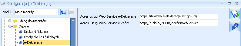 2.1.1 Konfiguracja W Konfiguracji programu/ Ogólne/ e-deklaracje dodano pole, w którym widoczny jest adres usługi Web Service e- Zefir: Rys.
