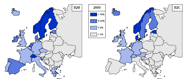 Rysunek 7: Adopcja e-fakturowania w Europie (Źródło: Billentis) Kraje nordyckie są nadal na czele, jeżeli chodzi o adopcję w segmencie B2B (>12%), dalej jest Irlandia, Hiszpania, Holandia i Estonia