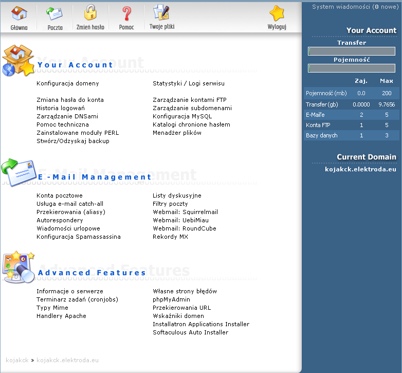 III. Panel administratora - objaśnienie Po zalogowaniu się na konto wyświetli ci się panel administracyjny twojego konta www (patrz rys.3.1.