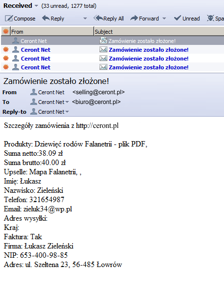 NETSELLING SZYBKI START - 26- W przypadku, gdy klient podał zły adres e-mail, pojawia się komunikat o niemożności dostarczenia tej wiadomości poczta elektroniczną. 6.