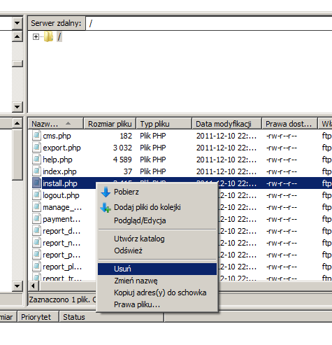 NETSELLING SZYBKI START - 9- Po usunięciu pliku można zamknąć połączenie z serwerem wybierając z menu Serwer opcję Rozłącz, a następnie zamknąć program FileZilla.