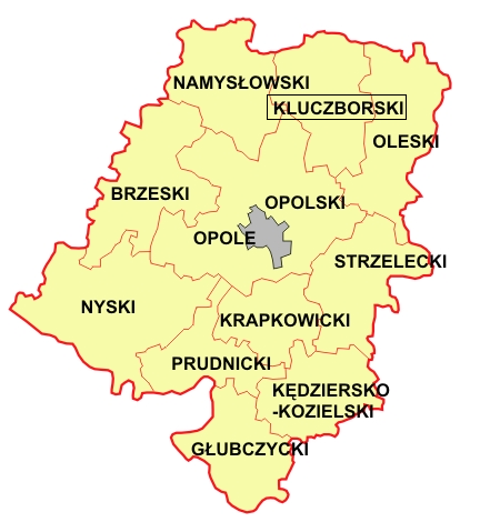 Rysunek 2. Powiat kluczborski z sąsiadującymi jednostkami Źródło: https://www.osp.org.pl/hosting/katalog.php?