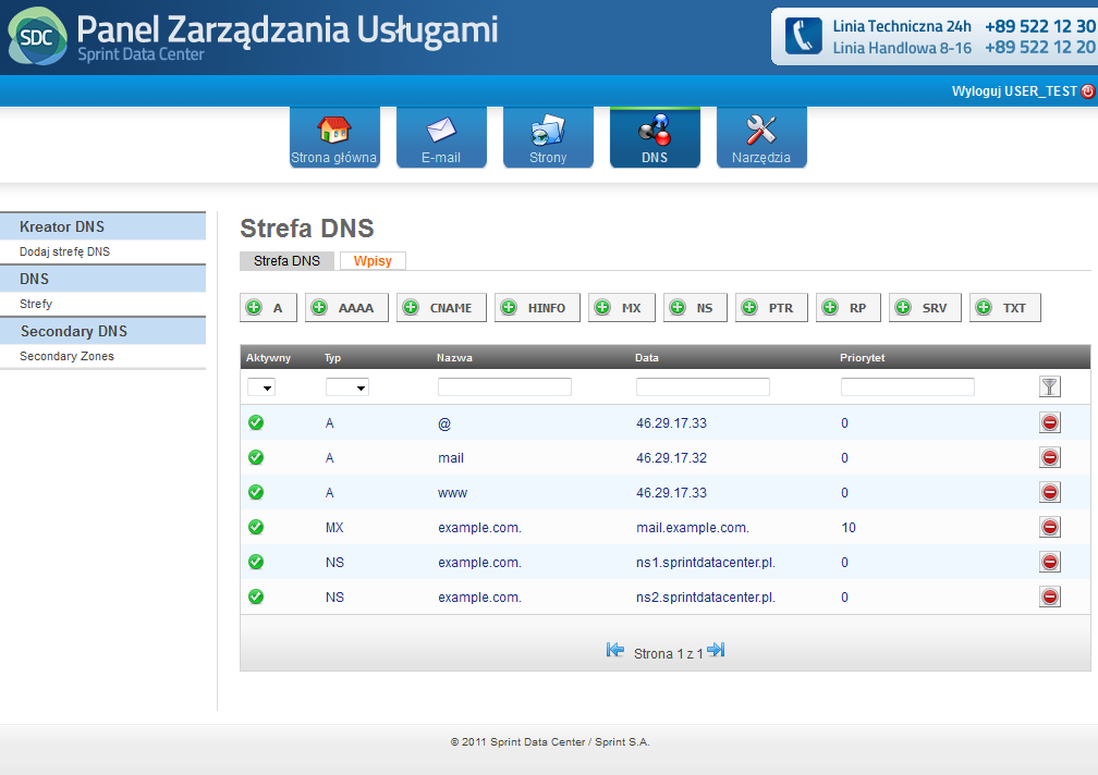 Zakładka Wpisy Zakładka Wpisy umożliwia stworzenie następujących rekordów DNS: A AAAA CNAME HINFO MX NS PTR RP SRV TXT Rysunek 44 Moduł DNS, Strefy DNS, dodawanie nowej /edycja istniejącej strefy